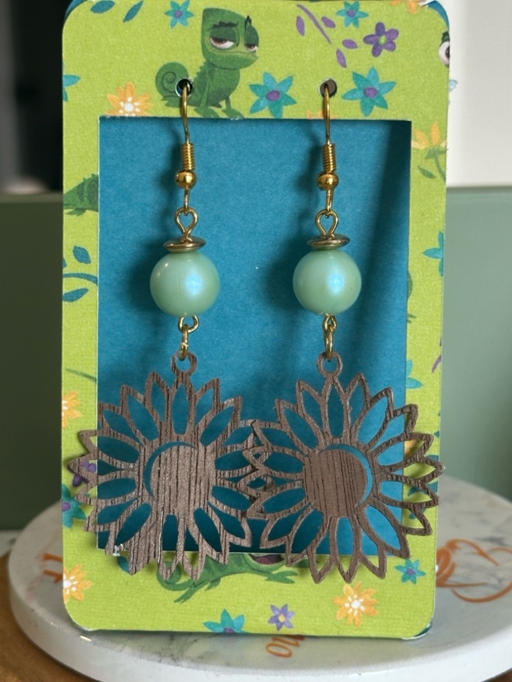Gold-Tone Sunflower Drop Earrings with Mint Beads